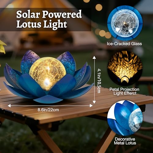 Solar Lights Outdoor Garden Decoration Crackle Globe Glass Waterproof LED Metal Blue Lotus Flowers Gift for Mom (BLUE2)
