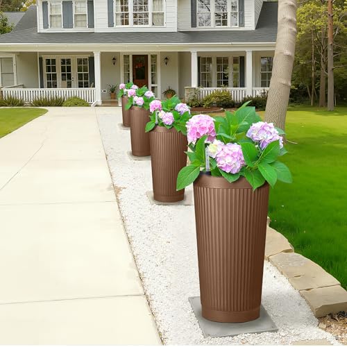 Self Watering Tall Planters Set of 2 (Brown-round Ribbed)