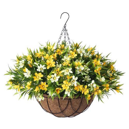 Artificial Hanging Flowers with 12" Basket for Outdoor Decor (B-yellow)