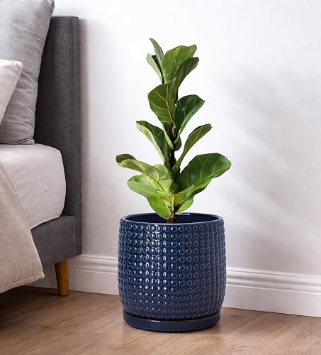 Beaded Ceramic Pot with Saucer (8.8 Inch / Midnight Blue)