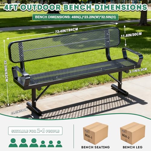 6Ft Outdoor Bench with Armrests & Back Portable Frame (Black With Armrests / 6FT)