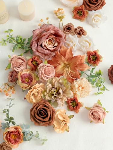 Fall Artificial Flowers Combo Fake Flowers Bulk for Wedding Decor (Champagne Coffee)