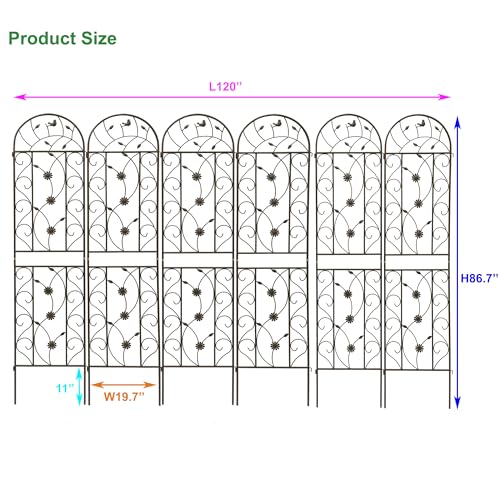 6 Pack Metal Garden Trellis 86.7" Tall Outdoor Climbing Plant Support for Roses (Brown-86.7"H)