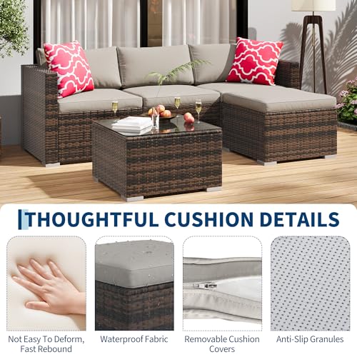 5-Piece All-Weather Patio Furniture Set, Convertible Outdoor Sectional Sofa with Ottoman & Tempered Glass Table, PE Rattan Conversation Set for Garden, Backyard, Porch, Poolside (Brown/Grey / 5 Pieces)