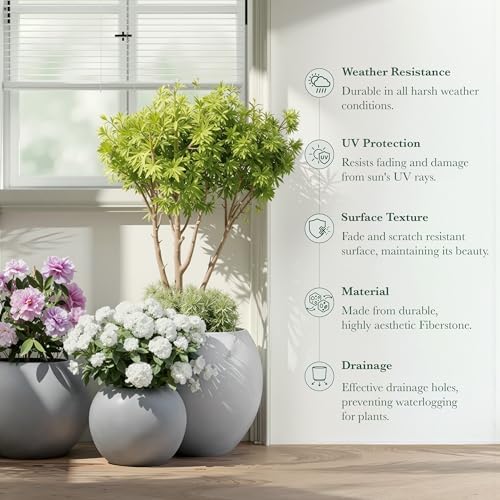 Premium Mt Sherman Fiberstone Sphere Planter for Indoor Outdoor Use (Gray / Small 12.6''D x 10''H)