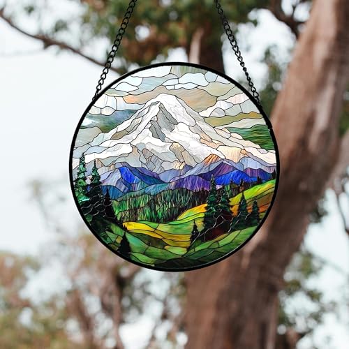Stained Glass Window Hanging 4 Pcs Set Mountains Lake Green White Landscape 9.8" (4-piece White and Green Set / 9.8x9.8 IN)