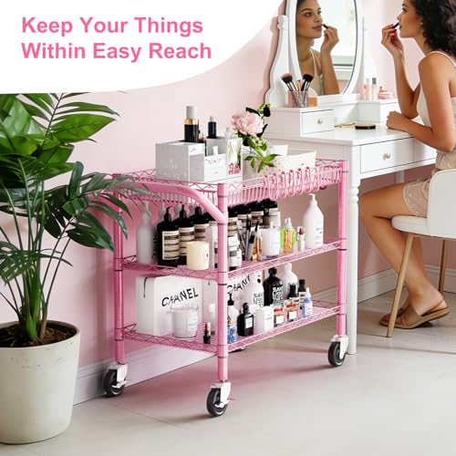 Pink Rolling Utility Cart with Wheels (Pink-3 Tier)