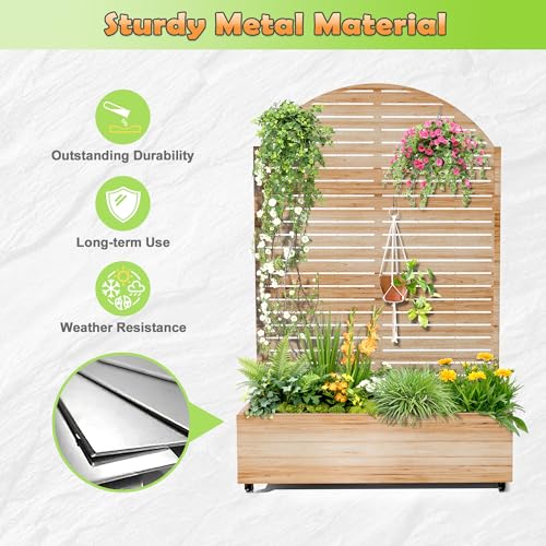 Metal Raised Garden Bed with Trellis and Wheels (Acacia Wood Grain-louvered / 71" x 47" x 16")