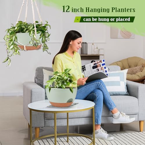 2 Pack 12 Inch Self Watering Hanging Planters for Indoor Outdoor Plants (2 Type Plant Hangers Green / 12 Inch)