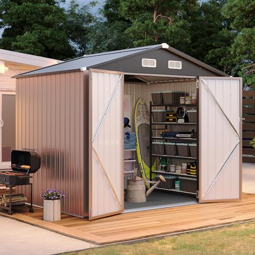 7.3'x5.3' Shed with Floor Galvanized Steel Outdoor Storage Shed Brown (Brown / 8'x6'w)