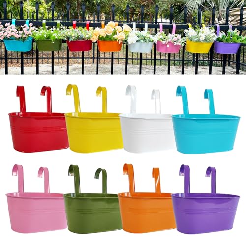 8 Pack 12" Colorful Metal Railing Planters with Hooks for Outdoor Fence (Oval - 11.8 Inch)