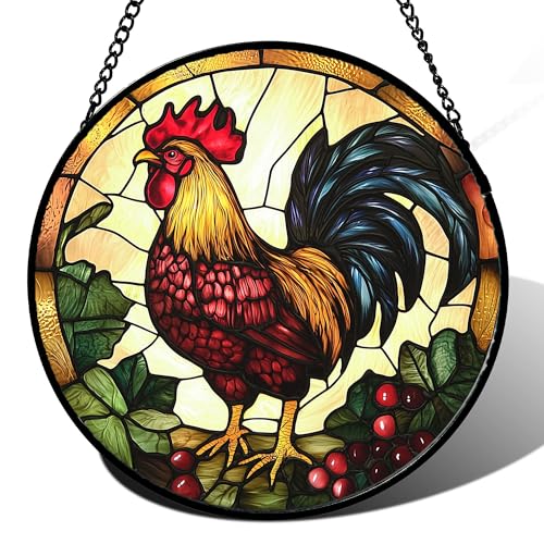 Stained Glass Window Hanging Big Rooster Suncatchers Gifts for Women 6.3" (Orange Red / 6.3x6.3 IN)