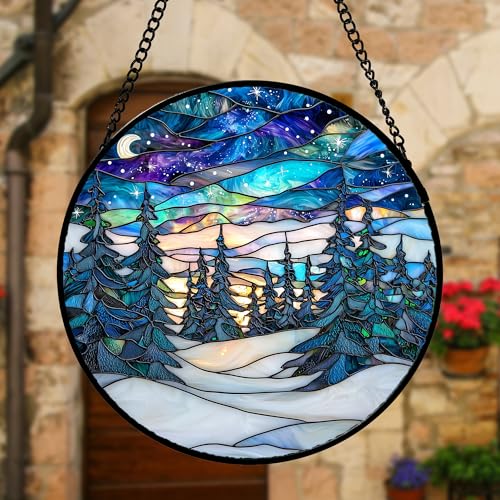 Aurora Winter Forest Stained Glass Window Hanging Suncatcher Gifts 9.8"