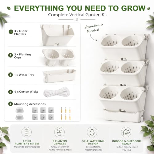 3 Set 6 Pocket Vertical Stackable Wall Planters Kit Outdoor Self Watering Plastic Planter Grow Hang Mount System for Strawberry Flower Vegetable Home Fence Balcony Wall Decor (White)