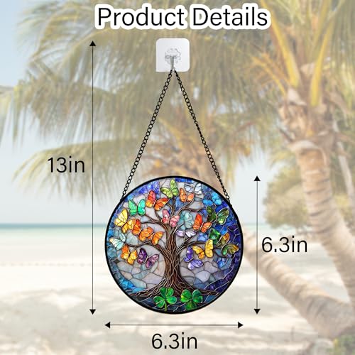 Butterfly Tree of Life Stained Glass Window Hanging Suncatcher Gifts 6.3" (Colorful / 6.3x6.3 IN)