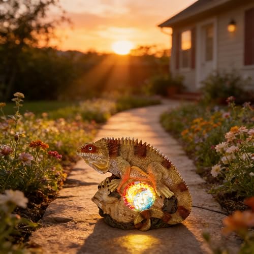 Solar Iguana Garden Statues Decor for Outdoor (Khaki Iguana)
