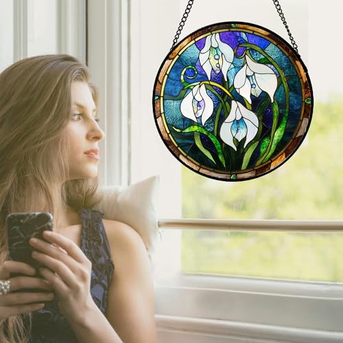 White Lily Stained Glass Window Hanging Suncatcher Gifts for Women 7.8" (7.8x7.8 IN)