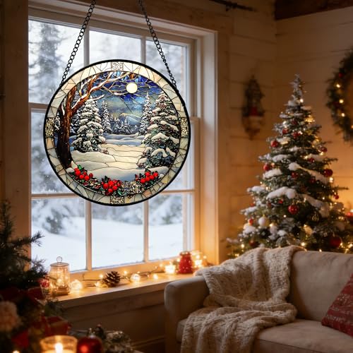 Winter Snow Night Scenery Stained Glass Window Hanging Suncatcher Gift 6.3"