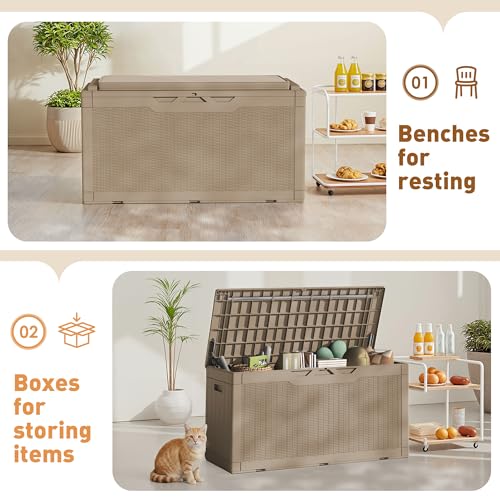 100 Gallon Resin Deck Box Large Outdoor Storage Boxes with Cushions for Garden Tools