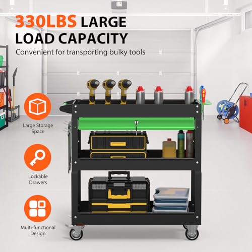 3 Tier Heavy Duty Rolling Tool Cart with Drawers (Black&green)
