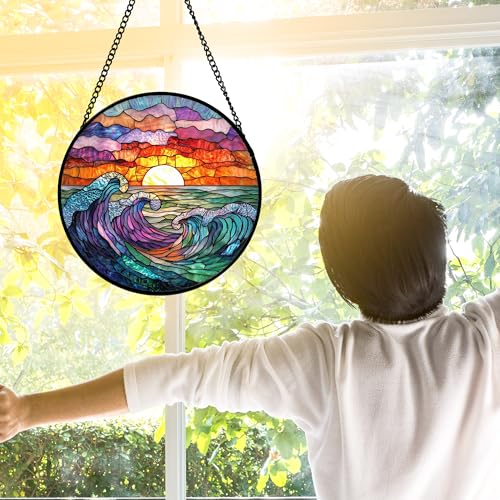 Clouds and Sea Waves Stained Glass Window Hanging Suncatcher Gifts 7.8"