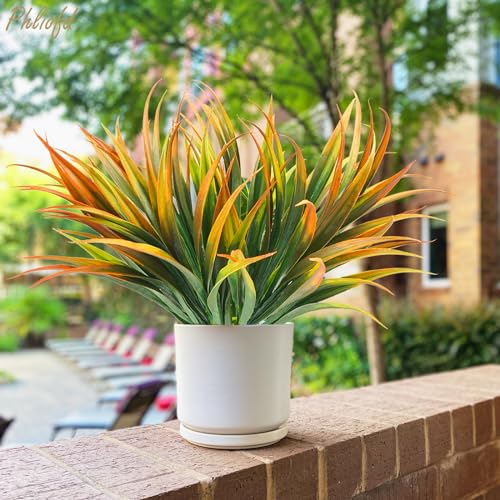 6Pcs Artificial Grass Fake Plants 17.3in Outdoor Plastic Plants UV Resistant Greenery Fake Grass for Home Window Garden Office Patio Hanging Planter Pathway Front Porch Décor Orange Yellow (6 Count)