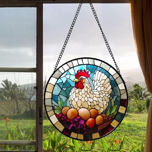 Farmhouse Hen Stained Glass Window Hanging Suncatcher Gifts for Women 15" (White / 14.9x14.9 IN)