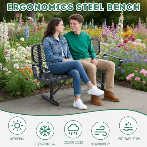 4 Feet Heavy Duty Park Bench with Armrests & Back Portable Frame (Black With Armrests / 4FT)