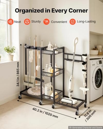 Broom Holder with Cleaning Supplies Organizer (Large)