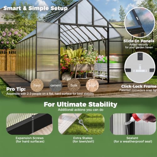 24x10x10 FT Polycarbonate Greenhouse with 5 Roof Vents (24x10x10 FT)