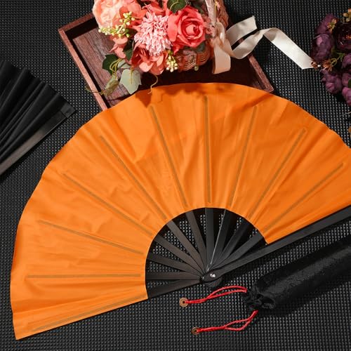 2 Packs Large Folding Hand Fans (Black and Orange)