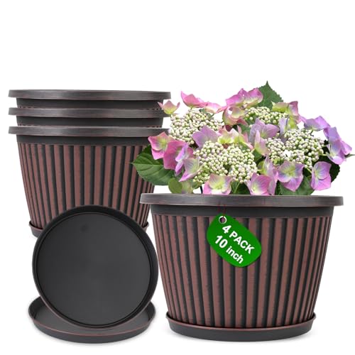 Planter-Pots-for-Plants-Indoor-Outdoor, 4 Pack 10 Inch Plastic Flower Pots with Saucer & Drainage Holes, Modern Garden Planters for Planting Medium Large Plants，Decorative Resin Garden Pots (4 Count)