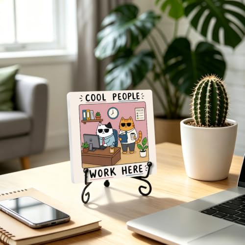 Funny Cat Wooden Plaque for Home Office Book Shelf Table Decor 6.3x6.3 Inch (Multicolor 1712 / Wooden sign with iron frame（6.3 x 6.3 inches）)
