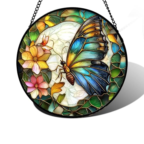 Green Butterfly Flower Stained Glass Window Hanging Suncatcher Gifts 7.8"