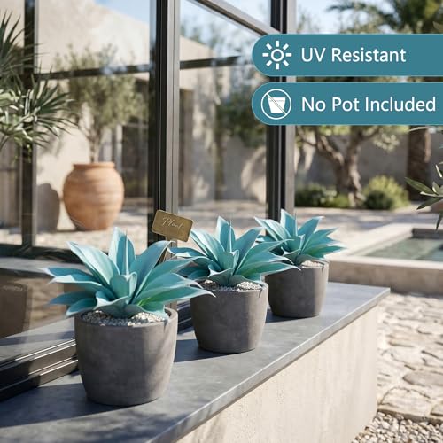2-Pack 13-Inch Artificial Agave Plants for Outdoor Planters, UV Resistant Fake Agave Plants, Faux Succulent Greenery for Porch, Patio, Garden, Entryway and Indoor Decor, Blue (Agave12-blue2)