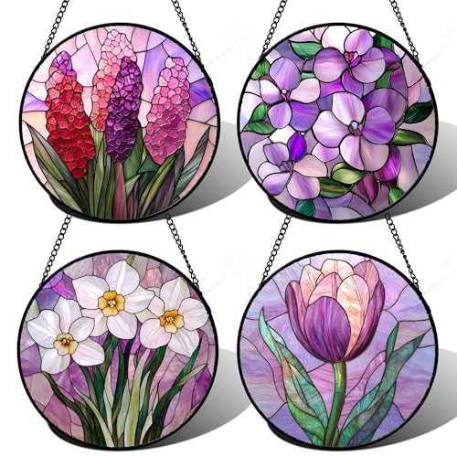 Stained Glass Window Hanging 4 Pcs Set Purple Flower Theme Large 15" (4-piece Set Purple / 14.9x14.9 IN)