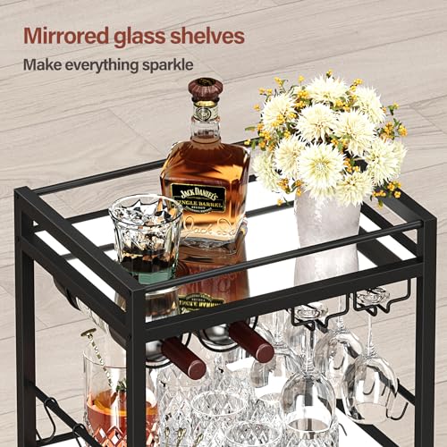 Bar Cart with 3 Mirrored Shelves (Black（3 Tier）)