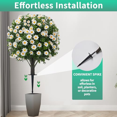 2 Pack Artificial Boxwood Topiary White Mum Flowers 24 UV Resistant Outdoor (Boxwood-daisy)