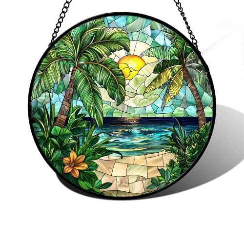 Palm Sunrise Green Ocean Stained Glass Window Hanging Suncatcher Gifts 6.3"