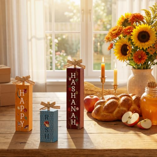 Smile Rosh Hashanah Wooden Vertical Block Decorfor Jewish New Year Home Kitchen (Letter Hashanah)