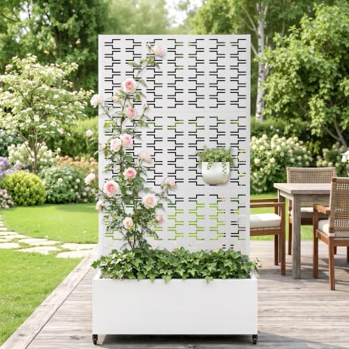 Metal Raised Garden Bed with Trellis (White Brick / 71"x35")