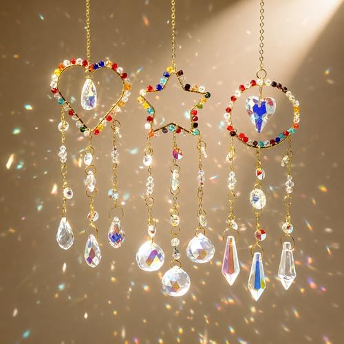 3 Pcs Crystal Suncatcher Rainbow Maker Star Heart Moon Window Decor (Colorful)
