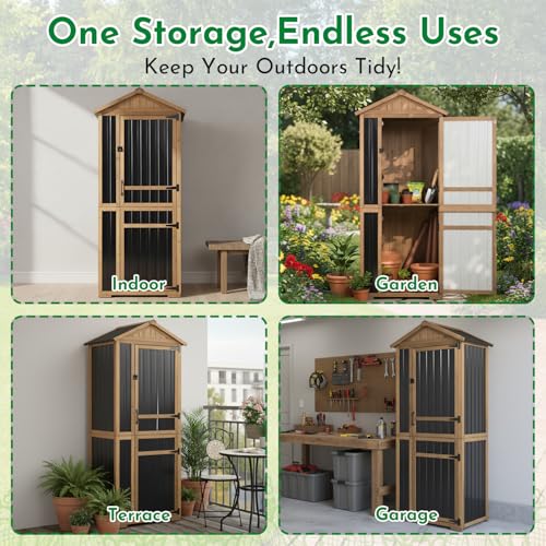 Outdoor Storage Cabinet Wooden Vertical Garden Tool Storage Shed (Black / 29" x 21" x 75")