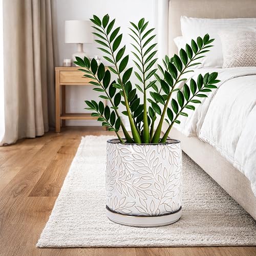 Embossed Leaves Ceramic Planter (10 Inch / Smoked White)