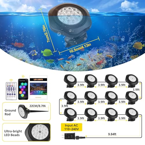 Pond Lights LED Underwater 16M Colors with App and Remote 12 Pack (Set of 12)