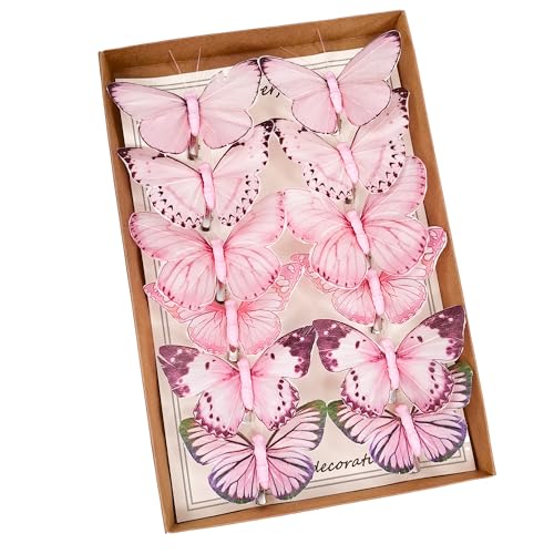 Artificial Feather 3D Butterfly Party Decorations Set of 12 with Clip 6 Color Pink Ornaments for Christmas Tree (6 Color)