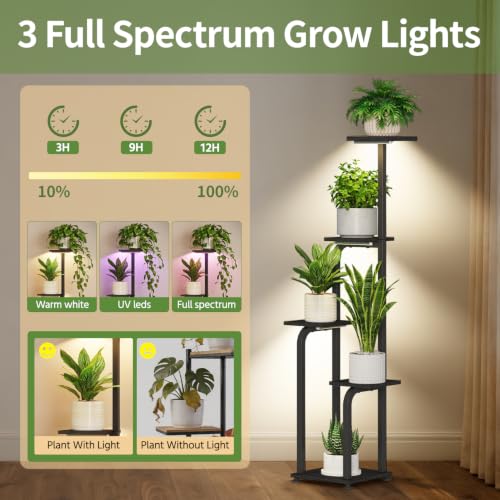 Plant Stand Shelf Tall for Indoor Corner with Lights (pitch black / 5 Tier)