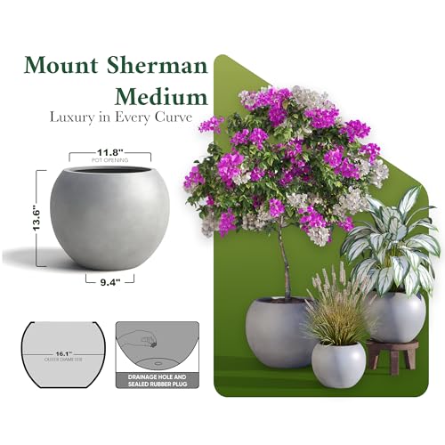 Premium Mt Sherman Fiberstone Sphere Planter for Indoor Outdoor Use (Gray / Medium 16.1''D x 13.6''H)