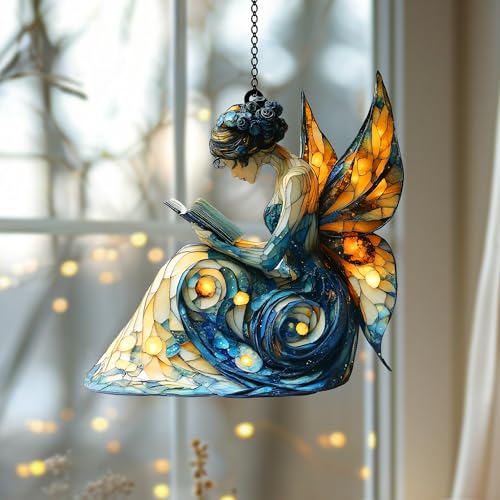 Butterfly Fairy Reading Book Acrylic Suncatcher Ornament Window Hanging Book Lover Gift Fairy Garden Decor (1-fba-ett-evg-a250-g.1 / 5")
