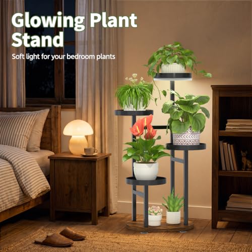 Plant Stand for Indoor Corner (Jet Black-Brown with Light / 4 Tier)